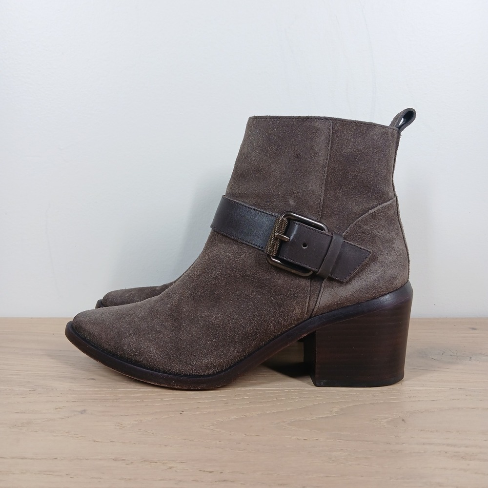All Saints Boots Women 7 Brown Leather Buckle Ankle Block Heel Zip